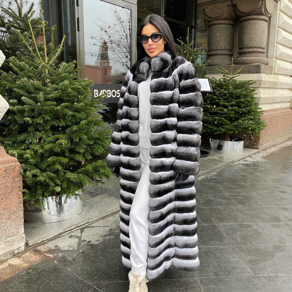 Winter Fashion Long Rex Rabbit Fur Coat Real Women 2022 Trendy Chinchilla Color Genuine Rex Rabbit Fur Coats for Woman Outwear