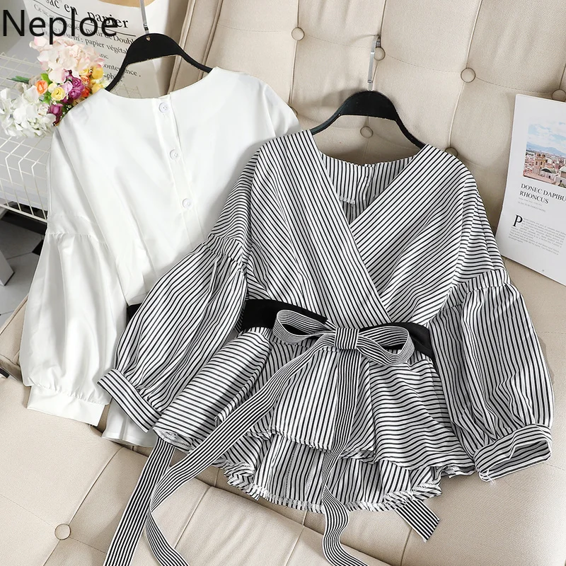 Блузка Neploe в полоску с V образным вырезом Женская приталенная блузка на шнуровке