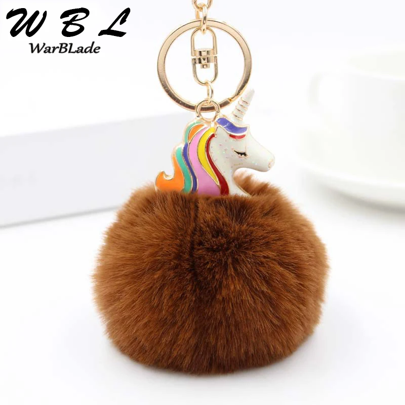 WarBLade Lovely Unicorn Keychain Women Car Bag Key Ring Artificial Fluffy Rabbit Fur Ball Pompom Chain Porte Clef chaveiro | Украшения и