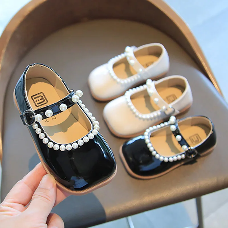 2022 New Girls Leather Shoes Princess Cute String Pearl Baby Girl Shoes Soft Bottom Kids Bright Leather Toddler Shoes