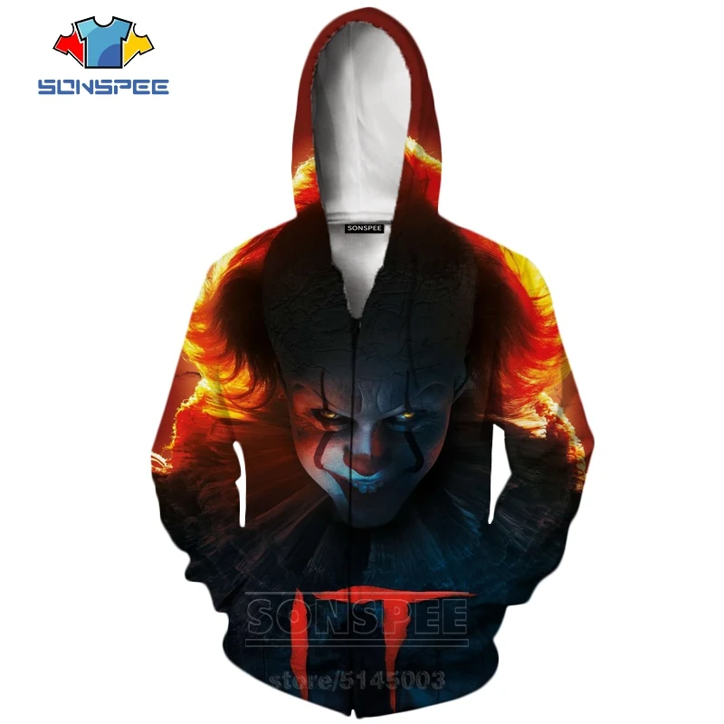 It Chapter две молнии толстовки новые для мужчин женщин Pennywise клоун Толстовка 3D принт фильм ужасов унисекс с длинным рукавом Топ пальто C063-2
