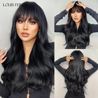 louis ferre long wavy black synthetic hair wigs with bangs cosplay party daily heat resistant fibre for women afro female lady