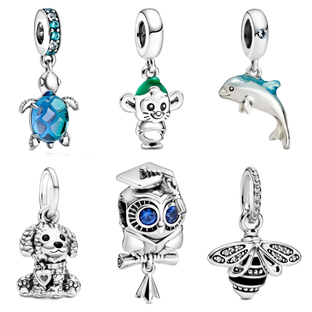 

MC 925 Sterling Silver Charm For Original Pandora Bracelet Exquisite Turtle Dwarf Dolphin Poodle Dog Owl Bee Charms New DIY Gift