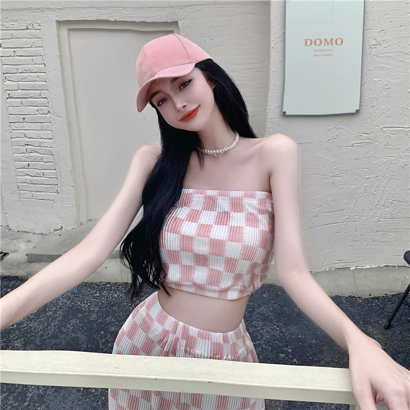 

KOSAHIKI Streetwear Harajuku Two Pieces Set Sleeveless Vest+ Wide Leg Pants Checkerboard Casual Suit 2021 Fashion Outfits