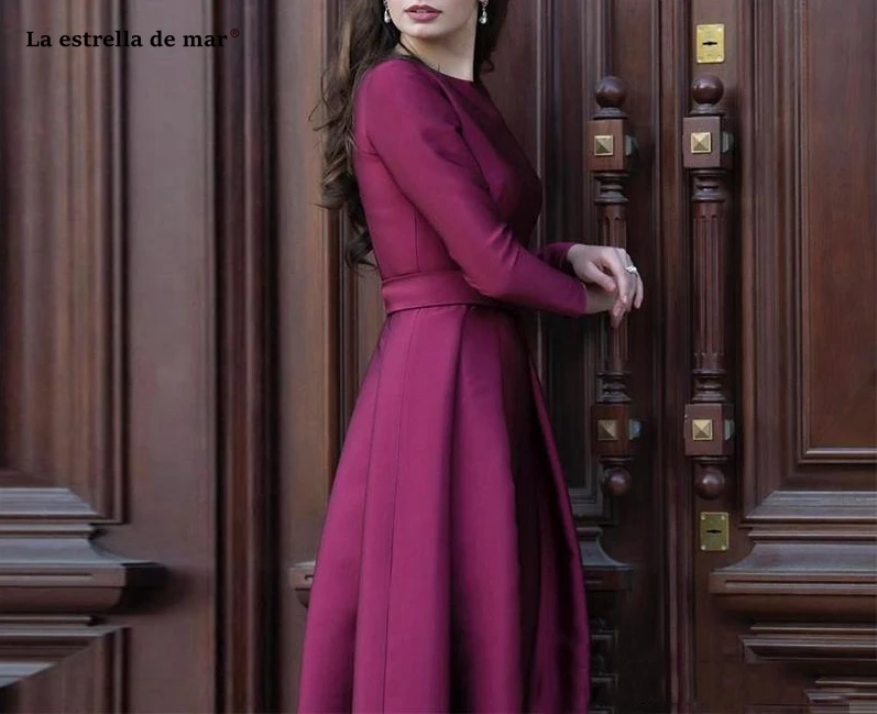 vestidos de fiesta largos elegantes gala new satin long sleeve A Line Fuchsia Arab Muslim Evening Gowns sukienka wieczorowa s | Свадьбы и