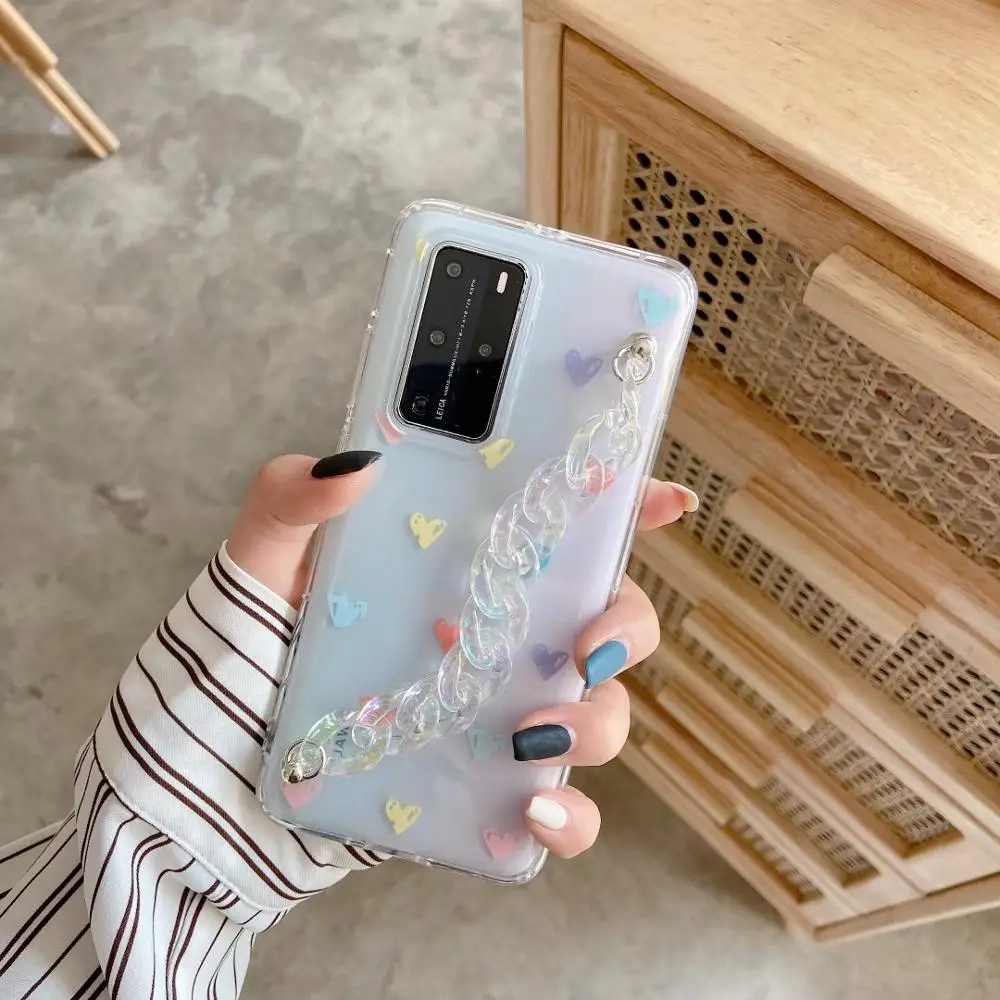 

3D Rainbow Acrylic bracelet Love heart soft phone case for huawei P20 30 40 pro MATE 20 30 PRO cover for huawei nova 5 6 7 pro