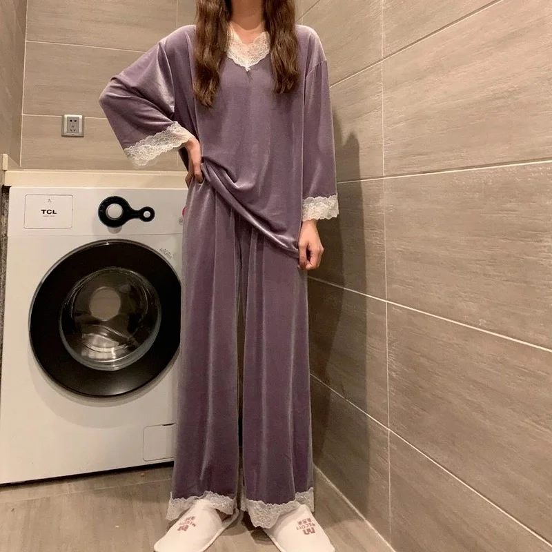 QWEEK Autumn Winter New Long Sleeve Pajamas Pj Sets for Women Purple Blue Solid Color Lace Pijamas Silky and Warm Home Clothes