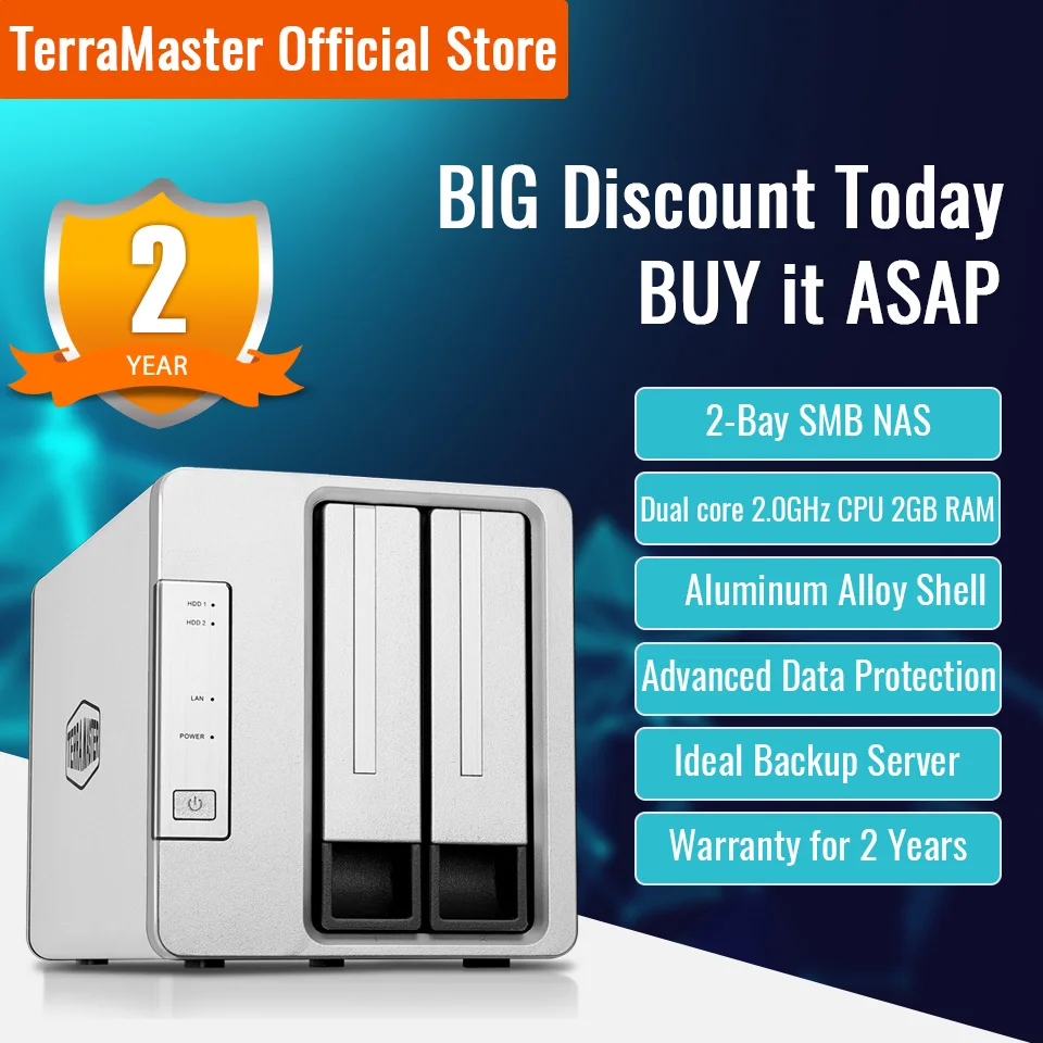 TerraMaster F2 221 NAS 2 Bay Облачное хранилище Intel Dual Core 0 ГГц Plex Media Server Сетевое
