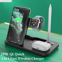 15w qi wireless charger 4 in 1 fast charging stand for iphone 12 11 pro xs apple watch 5 4 3 airpods 2 pro pencil charge