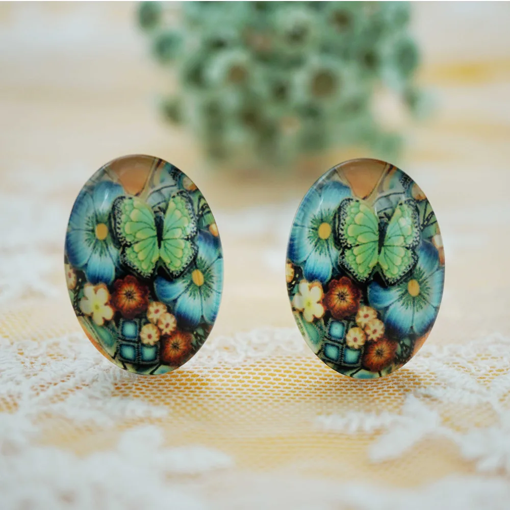 10 шт./лот Овальный 13 мм X 18 цветочный стеклянный кабошон для браслета ожерелья