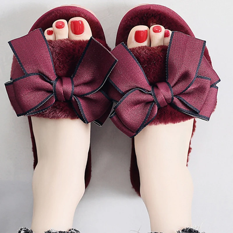 

Women Bow Decoration Indoor Slippers Warm Plush Home Slipper Anti Slip Autumn Winter Shoes House Floor Soft Slient Slides hy235