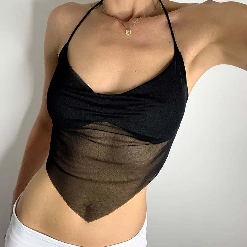 

2021 Sexy Mesh Transparent Backless Halter Crop Top Women Summer Tie Up Cami Top Black White Strappy Corset Fashion Streetwear