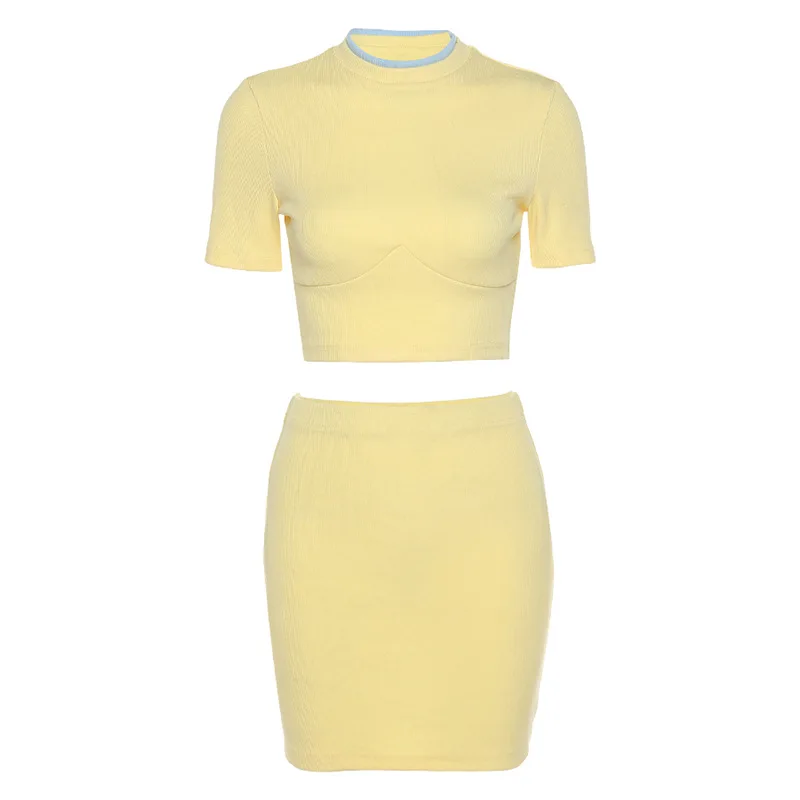 

European and American 2021 Summer Women's Clothing New Solid Color Short-Sleeved Navel T-shirt Sheath Skirt Suit Best Selling