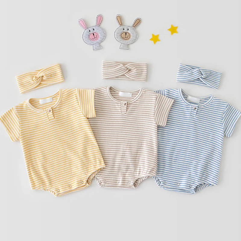 

Summer Toddler Baby Girl Bodysuits Cotton Short Sleeve Infant Baby Girls Stripe Jumpsuit+Hair Band Baby Girls Clothes