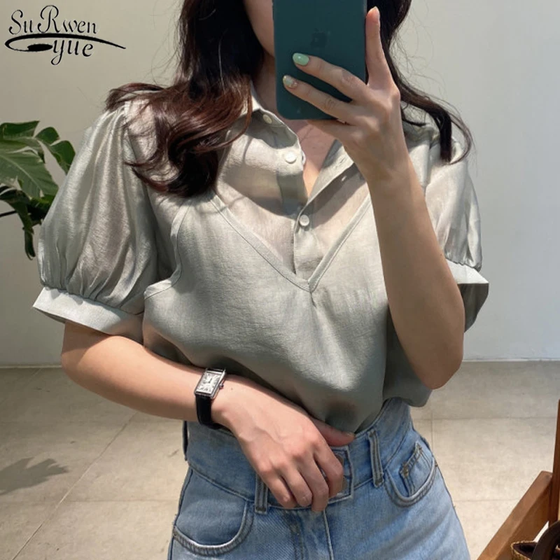 

Blusas Casual Women Top Blouse Summer Short Sleeve Woman's Shirt Solid Korean Top Cotton Button Chic Office Lady Clothing 10296