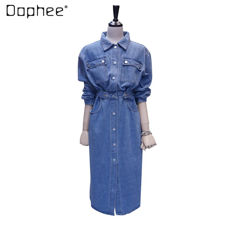 

Новинка весна-осень 2021 корейское джинсовое платье-рубашка с разрезом женское тонкое облегающее платье-миди выше колена с узкой талией для ж...