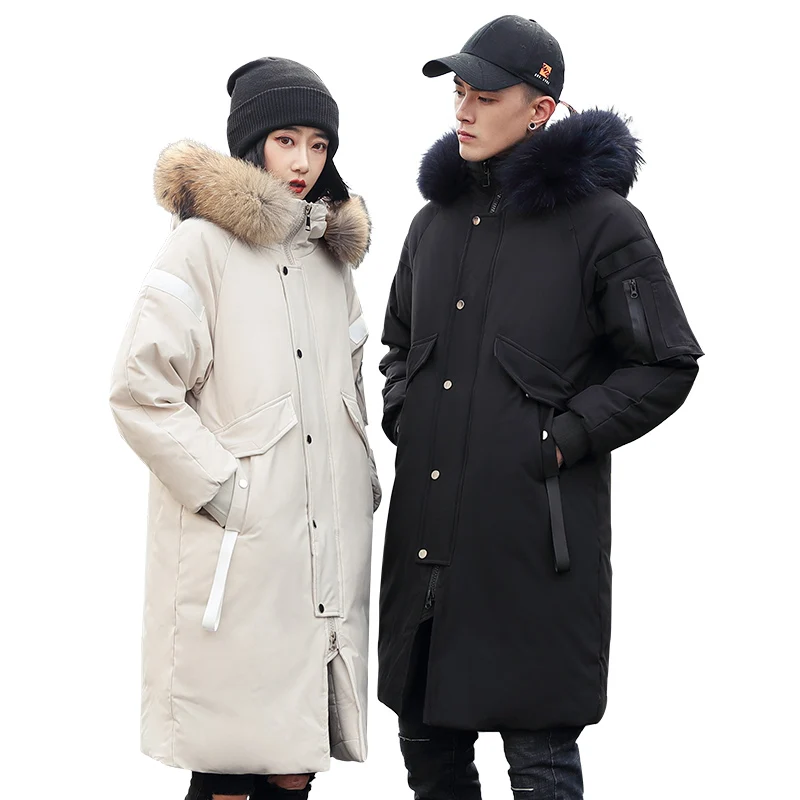 2021 couples new fashion long explosive style plus winter casual down jacket with hooded big fur collar warm men's brand coat