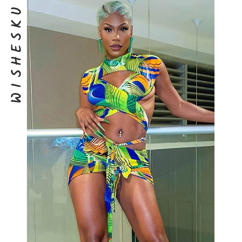 

Two Piece Set Women Printed Tracksuits Sexy Cut Out Bandage Backless Cropped Top+High Waist Mini Skirts 2022 Summer Boho Clothes