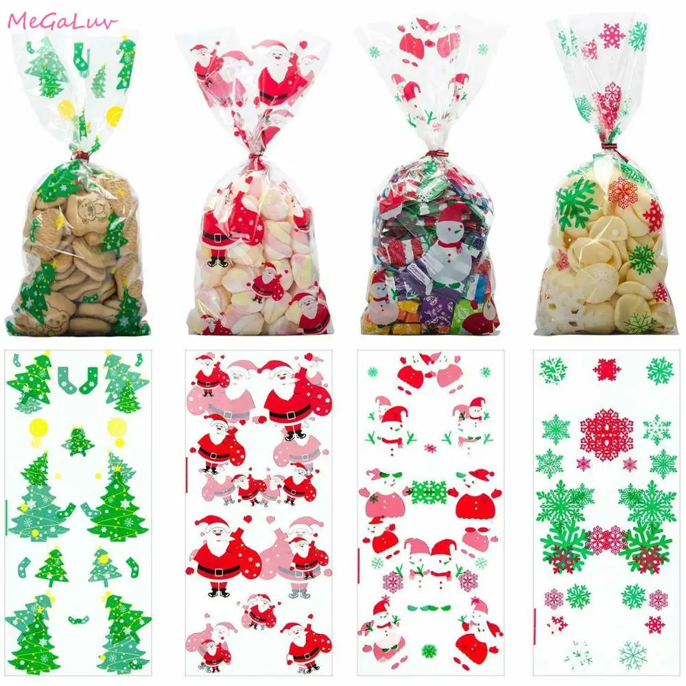 

50Pcs Xmas Self-adhesive Cookie Packing Plastic Bags Christmas Cellophane Party Bags Treat Candy Bag Festival Party Favor Gift