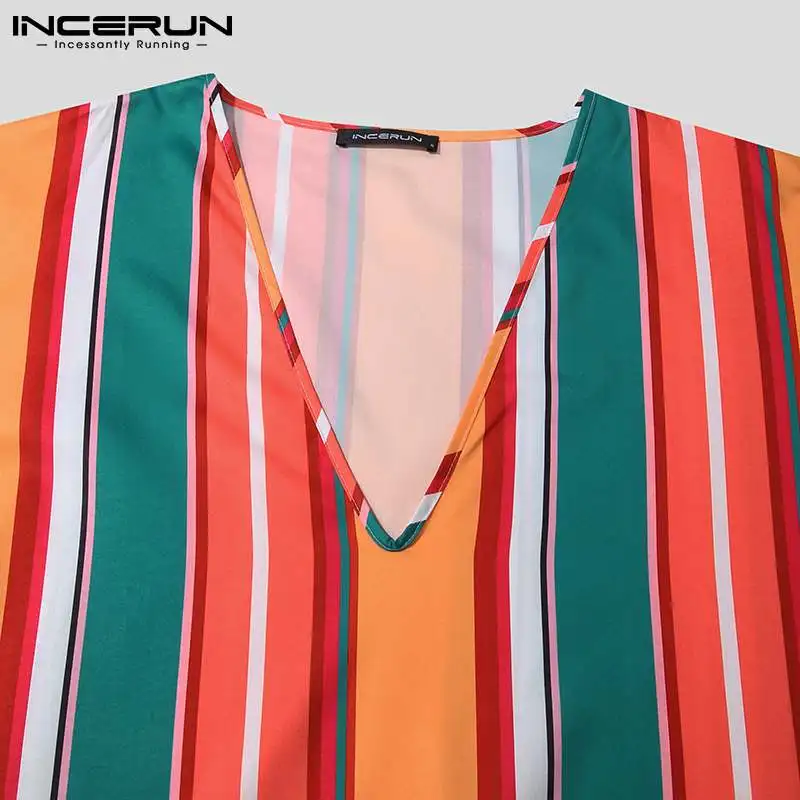 

INCERUN Men Striped Robes V Neck Short Sleeve Loose Muslim Arabic Kaftan Islamic Casual Jubba Thobe 2021 Middle East Caftan Men
