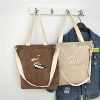 large women corduroy shoulder bag ladies canvas tote foldable shopping bags embroidery female handbag crossbody bags for woman