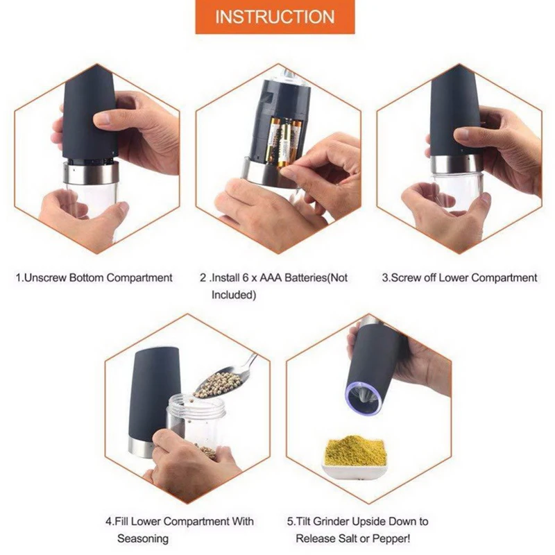 

Electric Pepper Mill Gravity Induction Stainless Steel Salt Spice Grinder LED Light Kitchen Tool