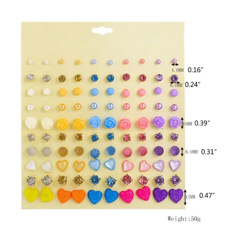 

50 Pairs Candy Color CZ Stud Earrings Crystal Resin Earring Kids Fashion Jewelry