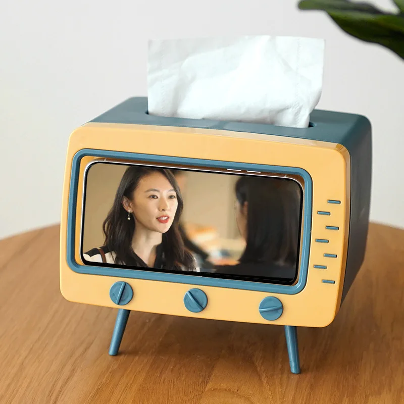 Creative 2 In 1 TV Tissue Box Desktop Paper Holder Dispenser Storage Napkin Case Organizer with Mobile Phone Holder