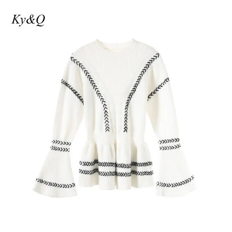 Runway Brand Designer 2019 Winter Striped Color Matching Ruffled Hem Sweater Women Flare Sleeve Luxury Christmas White Pullover | Женская