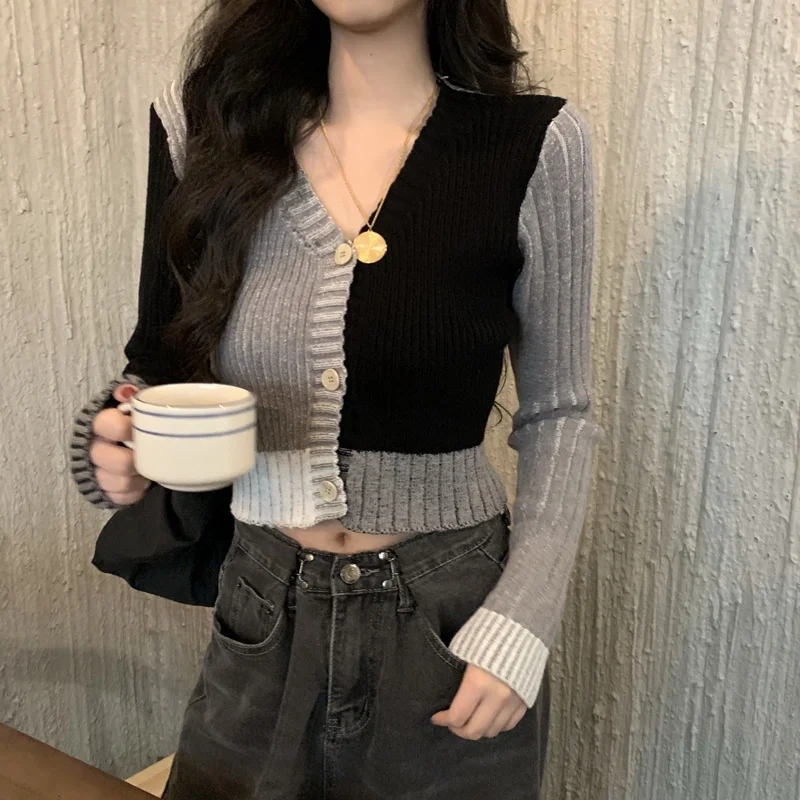 

Hit Color Short Knit Cardigans Women Crop Top Autumn Fashion Casual Long Sleeve Single Breasted Female Oversized Sweaters Pull