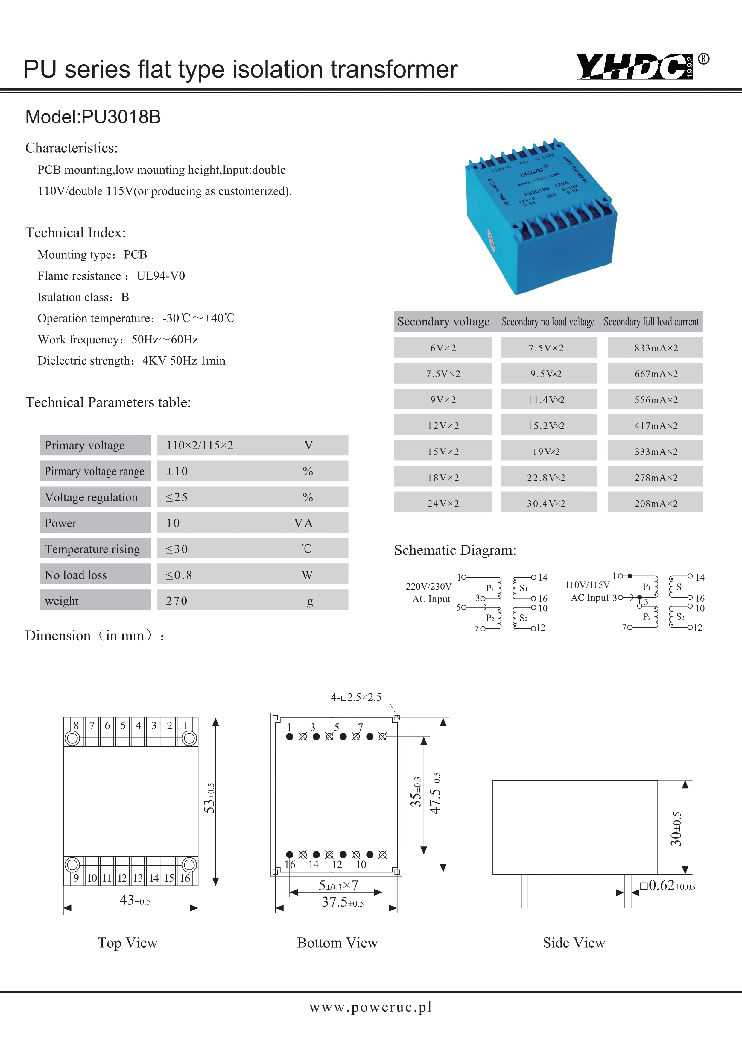 PU3018B 22 года производителя Двойной вход и выход 10 ВА/2*110 В/2*15 в PCB Инкапсулированный