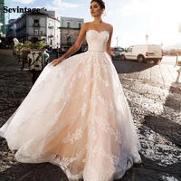 sevintage%c2%a0luxury a line wedding dresses sleeveless lace appliques bridal gowns backless strapless wedding gown custom made