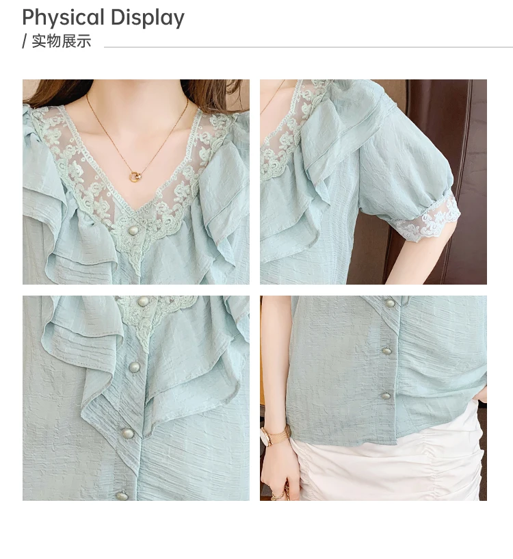 

Women's Blouse V-neck Tops Fashion Blouses Pure Color Stitching Short Sleeve Shirt New Top Summer 2021 Korean 10054