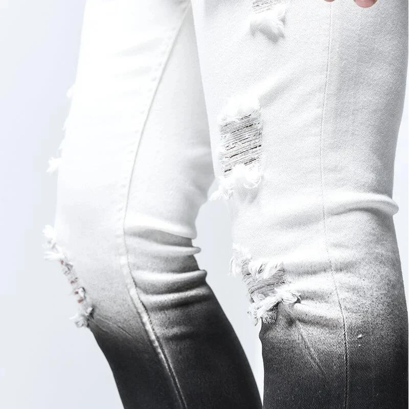 

Fashion Men's Skinny Stretch Ripped Male Jeans Slim Fit Denim Trousers 2021 New Streetwear Gradient White Black Casual Jeans Men