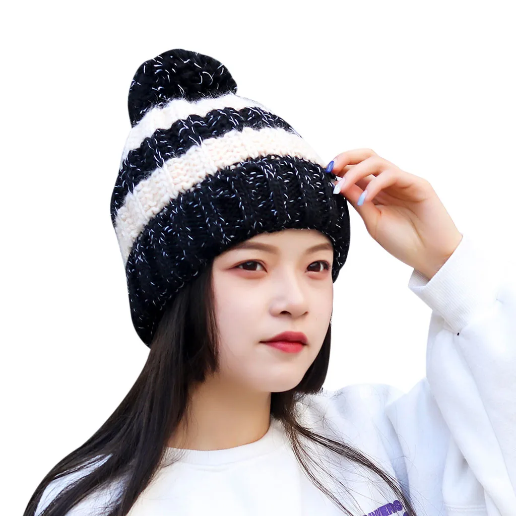 Горячая мода женская шапка теплая плотная Шерстяная Шапка в полоску вязаная