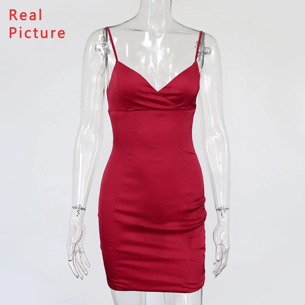 

Missnight Sexy Satin Dress Straped Bandage Lace Up Mini Bodycon Dress Christmas Outfit Dresses For Women V Neck Backless