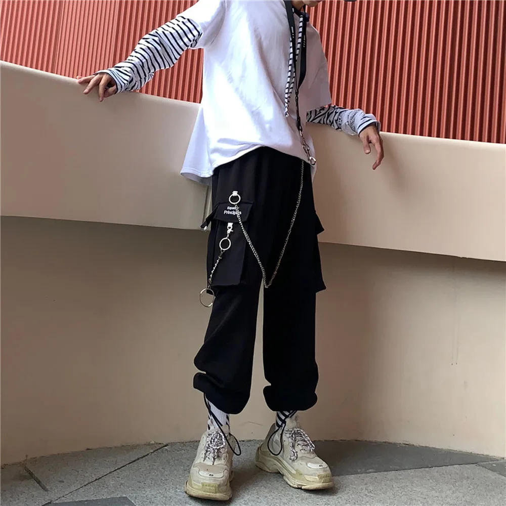 

Брюки-карго женские с широкими штанинами, готические свободные штаны с цепочкой в стиле Харадзюку, уличная одежда в стиле хиппи, модные мешк...