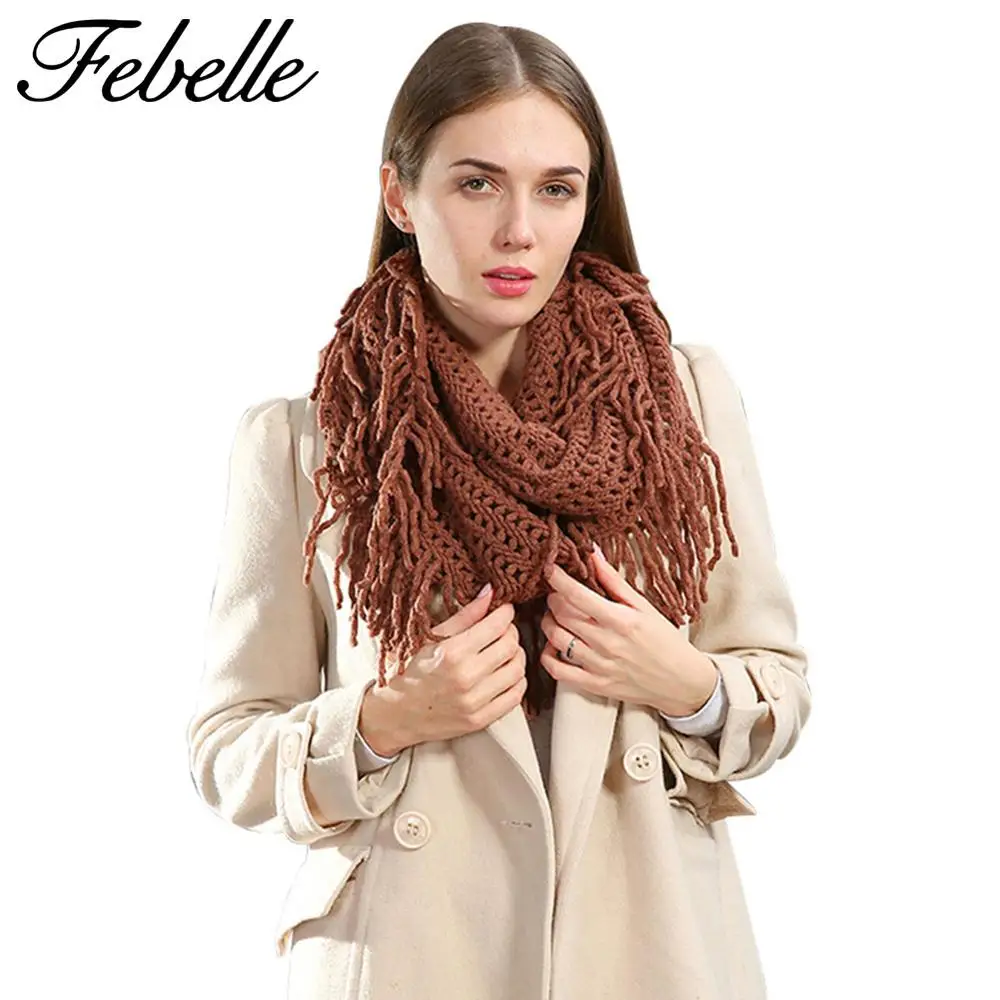 Зимний женский кашемировый шарф Febelle Осенний шейный платок с кисточками вязаные