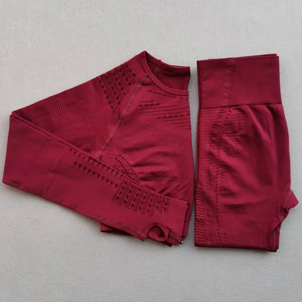 Red 2pcs set Женский бесшовный Набор для йоги, одежда для тренировок, Топ с длинным рукавом для фитнеса+ леггинсы с высокой талией, леггинсы, 2 предмета, спортивные костюмы - Цвет: Red 2pcs set