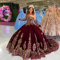 sweet 15 year quinceanera dresses burgundy velvet ball gown with detachable sleeve delicate corset back pageant party dress