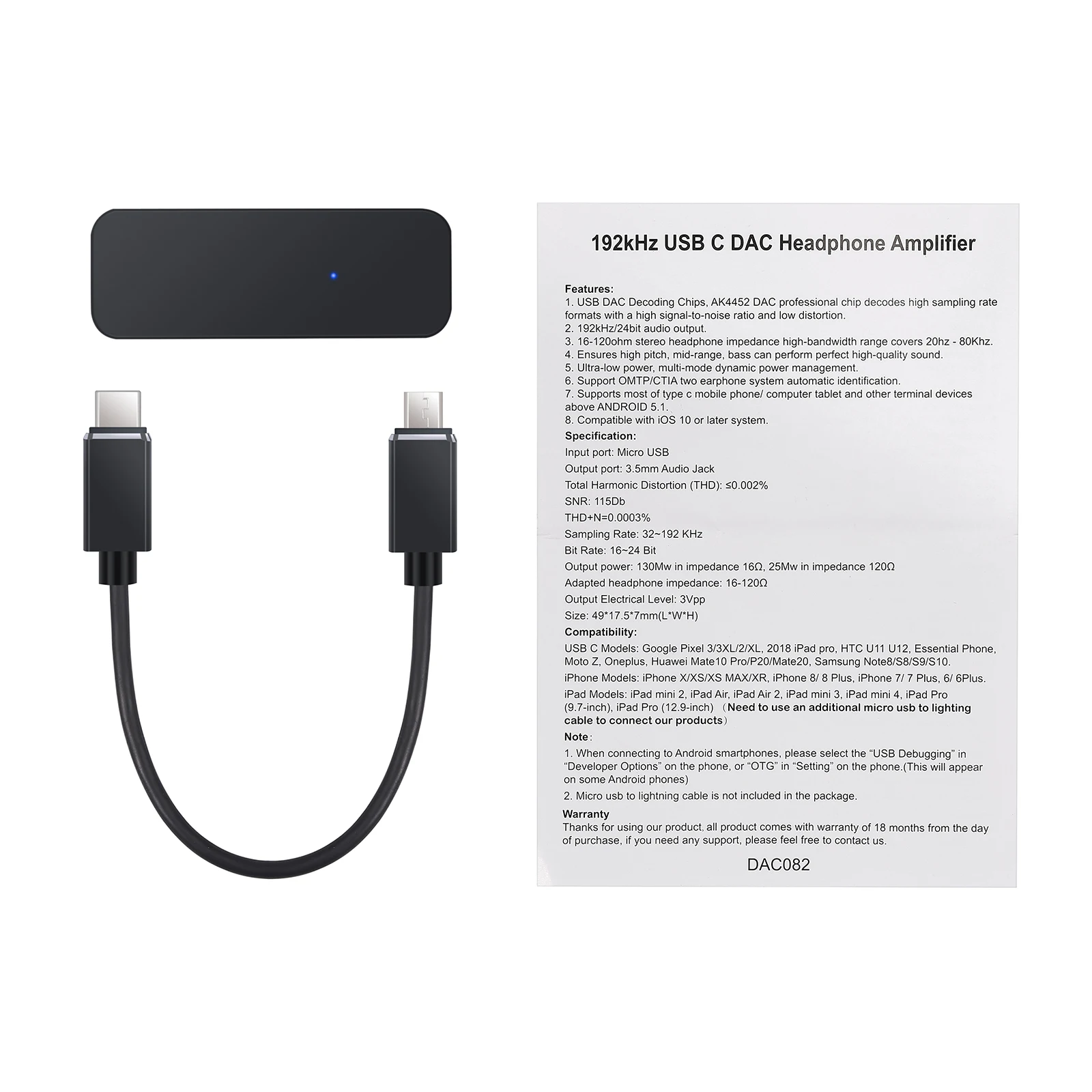 Портативный усилитель для наушников LiNKFOR 192 кГц USB C DAC Type до 3 5 мм смартфонов Android