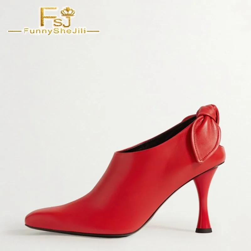 

FSJ Fashion Red Bow Ankle Boots Patent Leather Pointed Toe Spool Heel Women Booties Slip on Hollow Noble Kitten 2021 Autumn