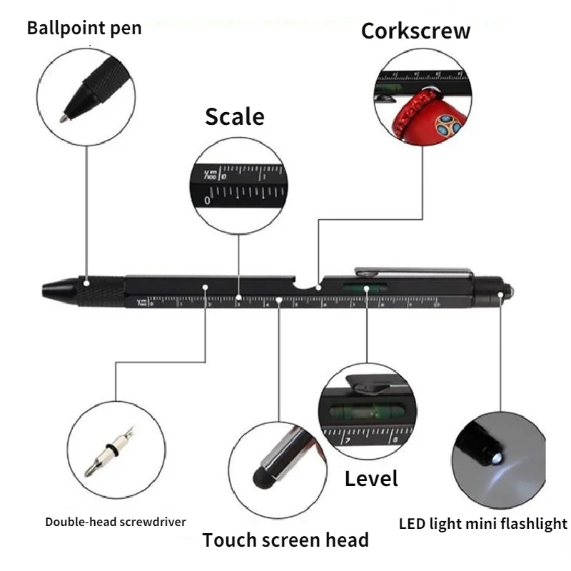 

Металлический спиртовой уровень 7 в 1, инструмент для инженерной ручки, нож, шкала, емкость, ручка, держатель штопор, светодиодный фонарик, де...
