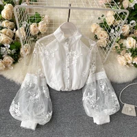 women french mesh lace blouse stand collar three dimensional embroidered puff sleeves court style slim shirt female blusa pl610