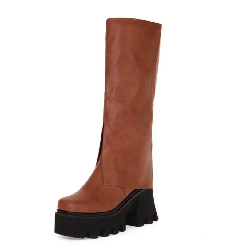 

New Arrivals Ladies Med Calf Knee High Boots Women Ins Popular Black Brown Chunky Heel Fashion Shoes Woman Luxury Brand Design