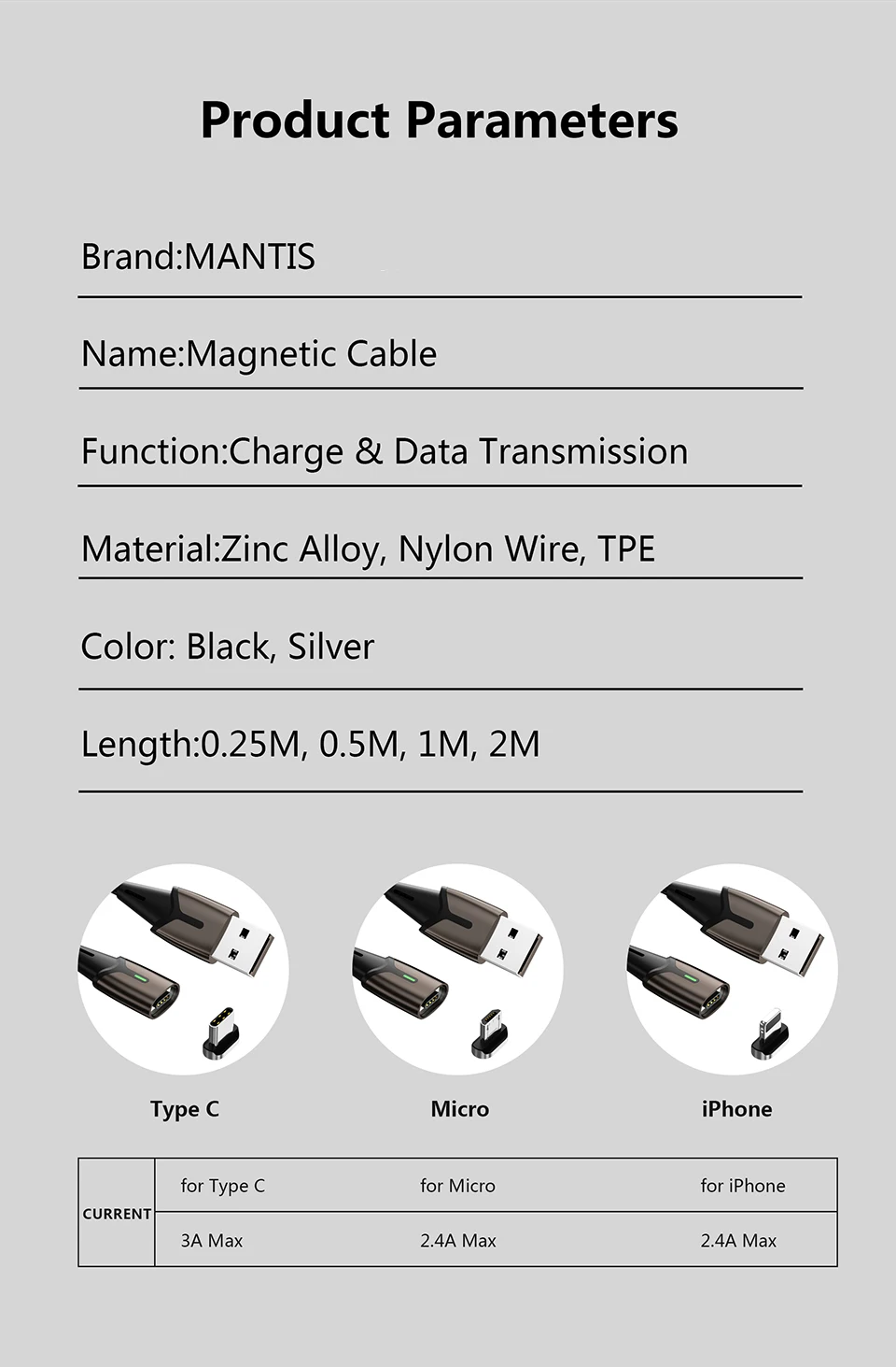 Магнитный зарядный кабель Micro Usb MANTIS 3m 2m 1m для Iphone samsung светодиодный магнитный кабель синхронизации данных 3A кабель быстрой зарядки type C