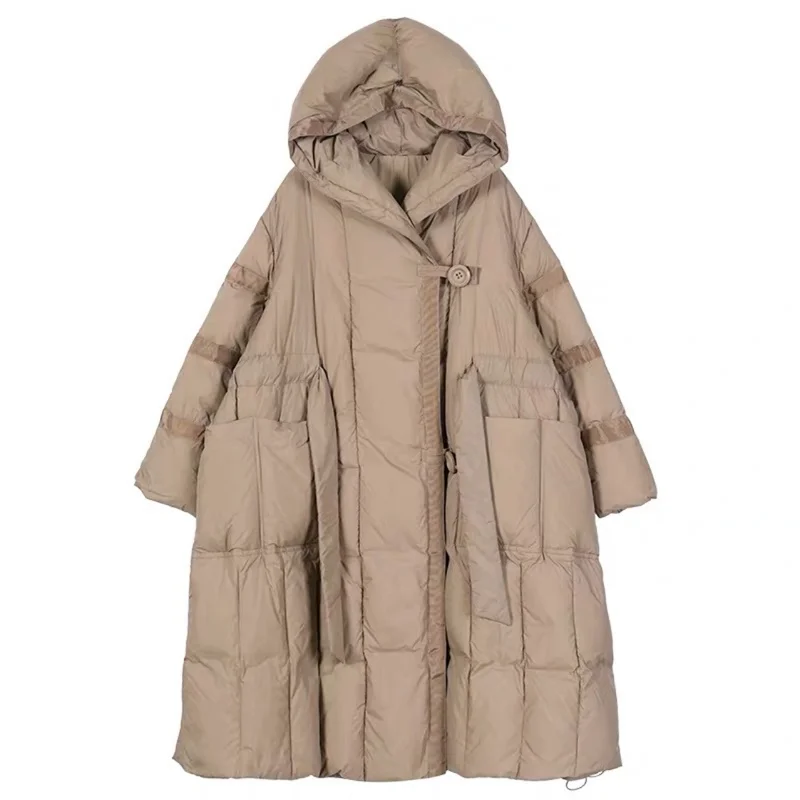 Женское длинное пальто на белом утином пуху однотонное Свободное с капюшоном две