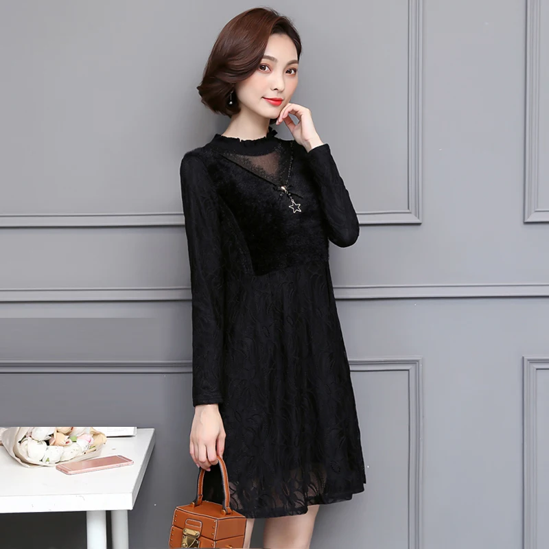 2020 New Hot Sale Round Neck Autumn Winter Dresses Female Clothing Pure Color O-Neck Padded Spliced A-Line Lace Dress OK1375 | Женская