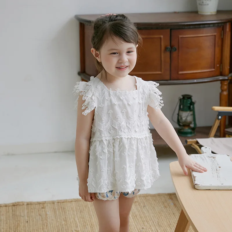 

Girls Summer Tassel Dress 2021 New Cotton Little Girl Short Sleeve Lace White Lovely Princess Skirt
