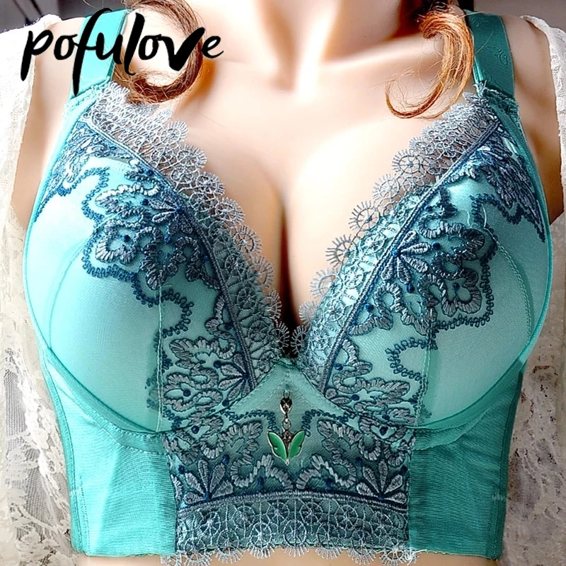 Push Up Bra Plus Size Bras for Women 100 105 C D Gathered Sexy Lace Underwear Wire Free Brassiere Floral Seamless Bralette